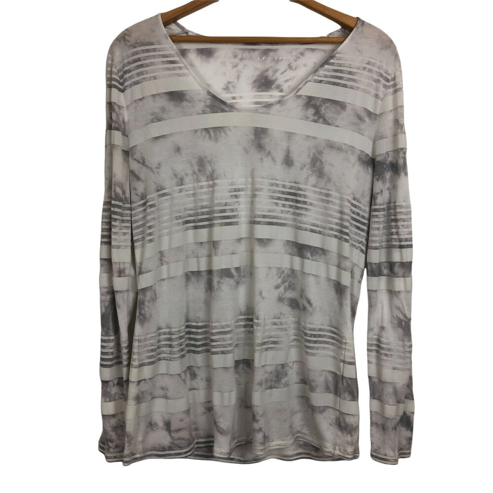 Calvin Klein Women's V Neck Tee XL Semi Sheer Striped Tie Dye Long Sleeves Gray